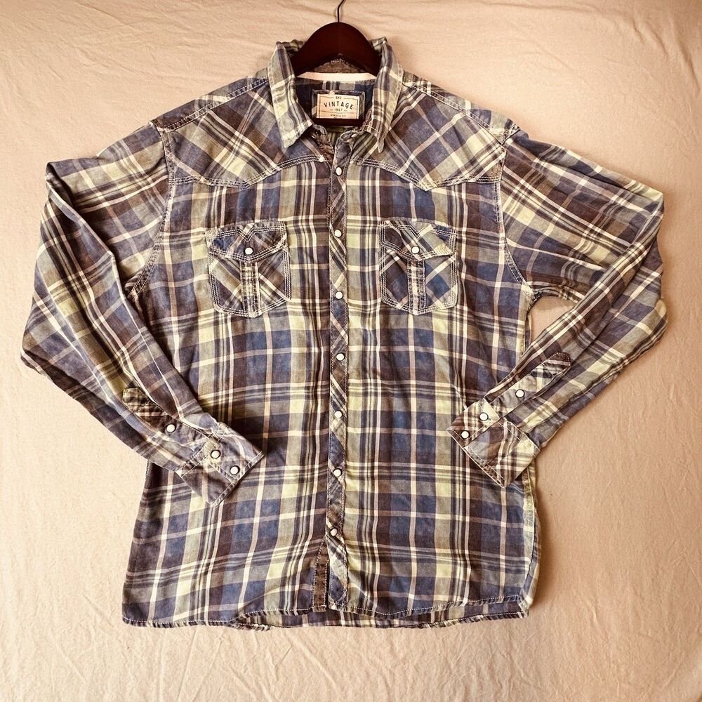 Buckle BKE Button Down Blue Plaid Men’s XL Shirt Pearl Snap